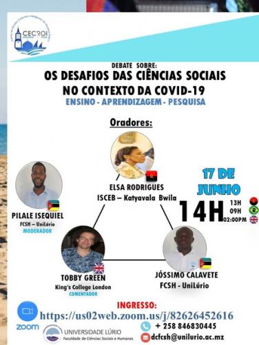 Cartaz sobre o debate “Os desafios das Ciências Sociais no triângulo académico: ensino-aprendizagem-pesquisa em contextos de crises globais como Covid-19”